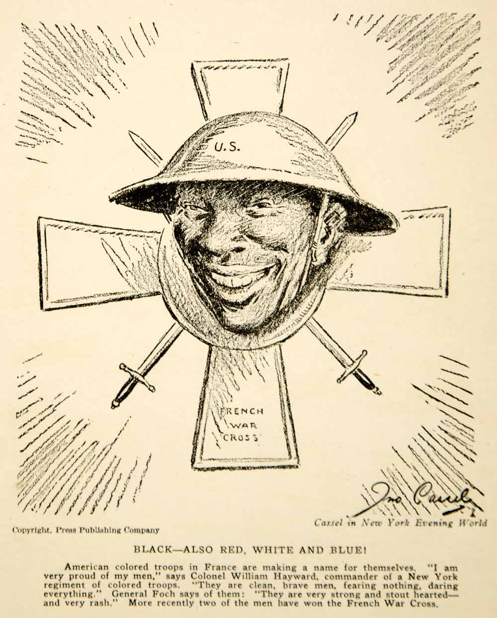 1918 Print WWI Cartoon John H. Cassel Black Americana Soldier French War Cross