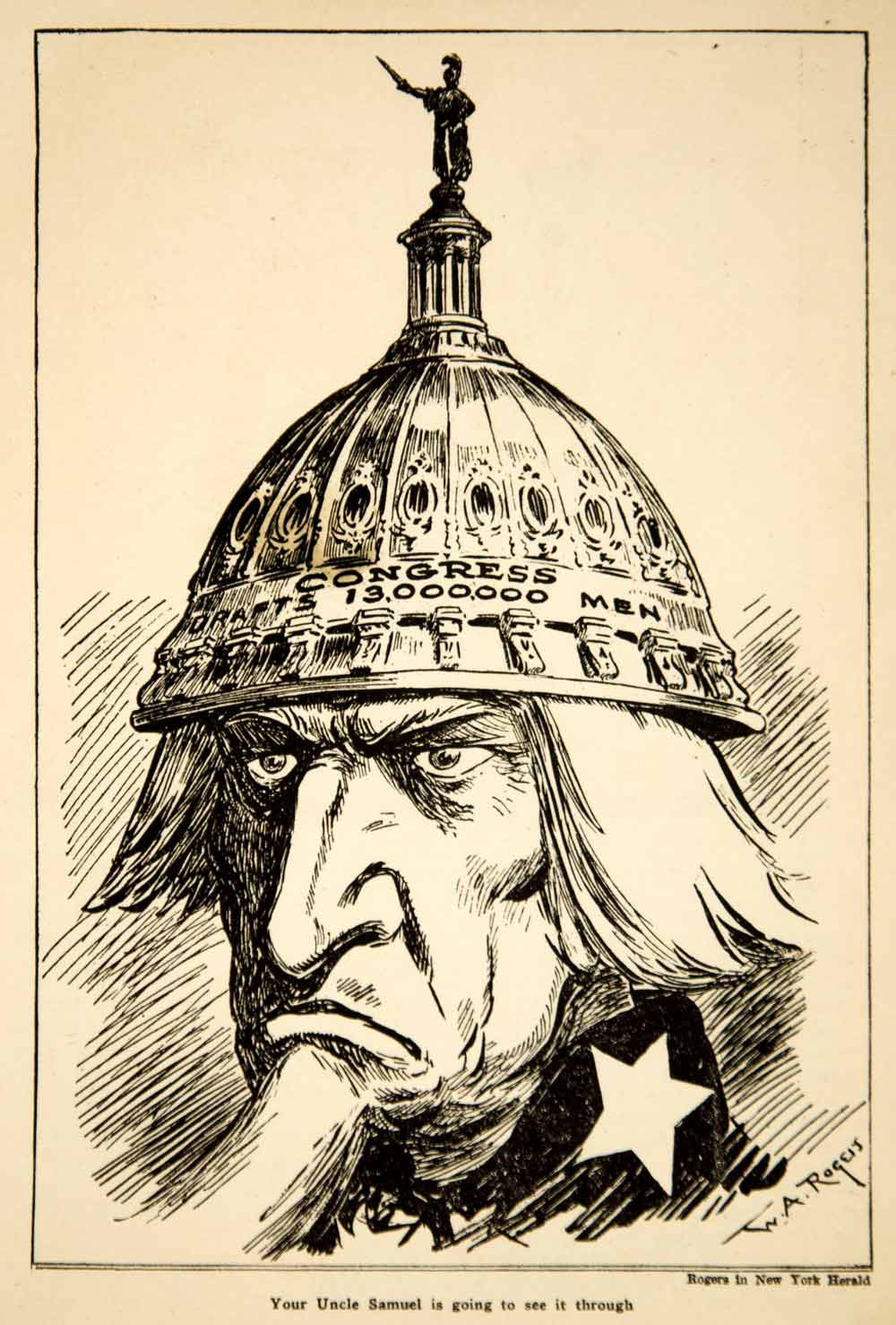 1918 Print World War I Cartoon William Allen Rogers Art Uncle Sam Congress Draft