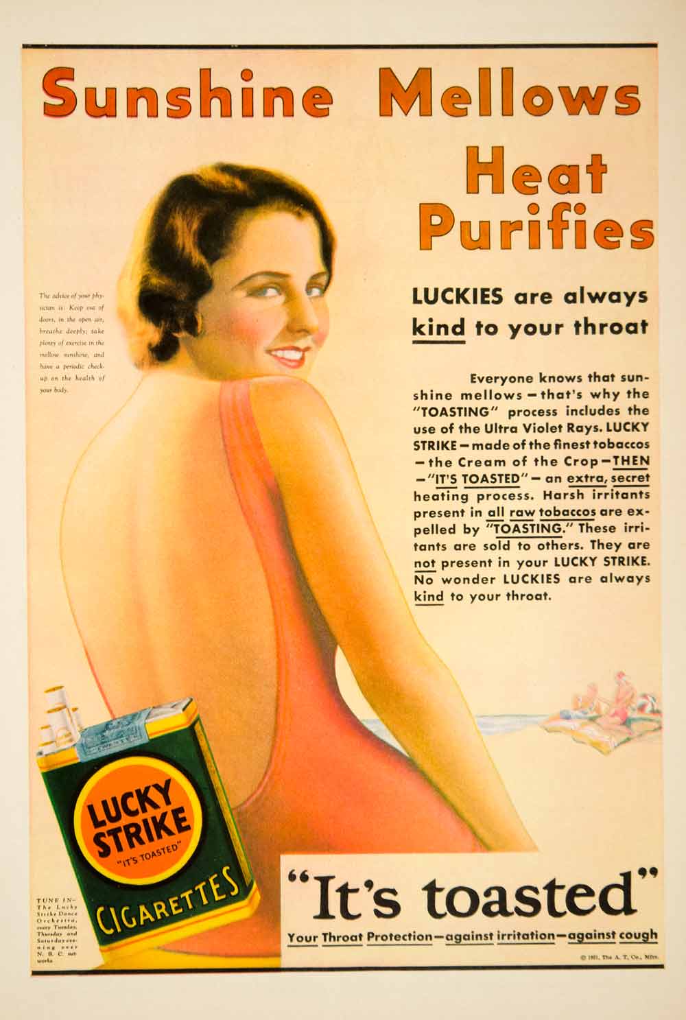 1931 Ad Lucky Strike Cigarettes Smoking Tobacco Swimsuit Beach Woman Ocean YCT1