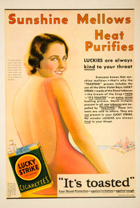 1931 Ad Lucky Strike Cigarettes Smoking Tobacco Swimsuit Beach Woman Ocean YCT1
