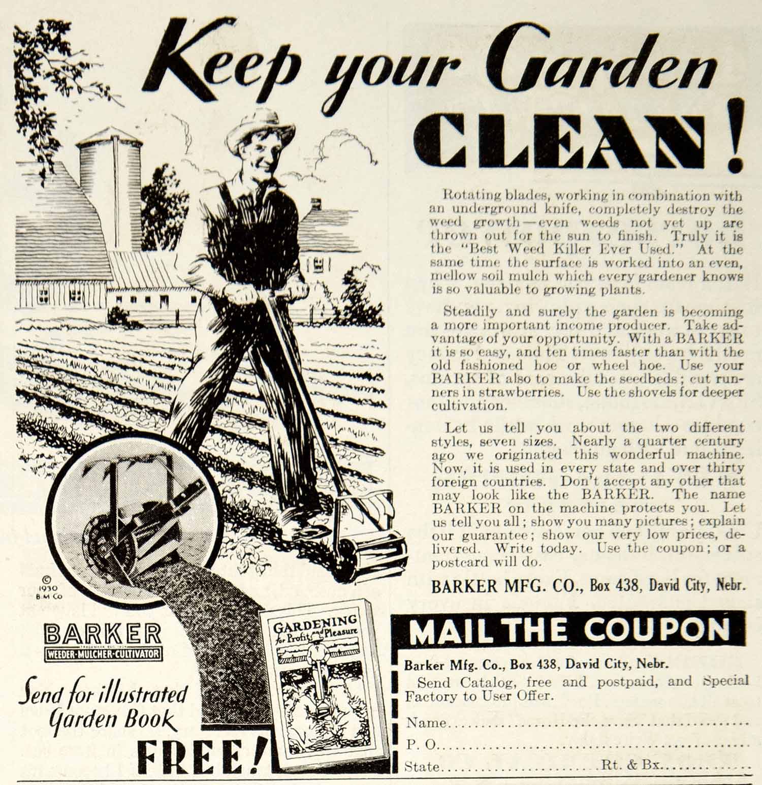 1930 Ad Barker Weeder Mulcher Cultivator Farm Machine Agriculture Gardening YCT1