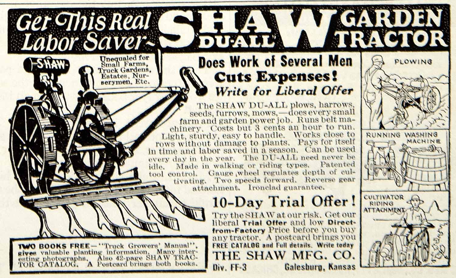 1930 Ad Shaw Du-All Garden Tractor Plow Cultivator Farm Agriculture Machine YCT1