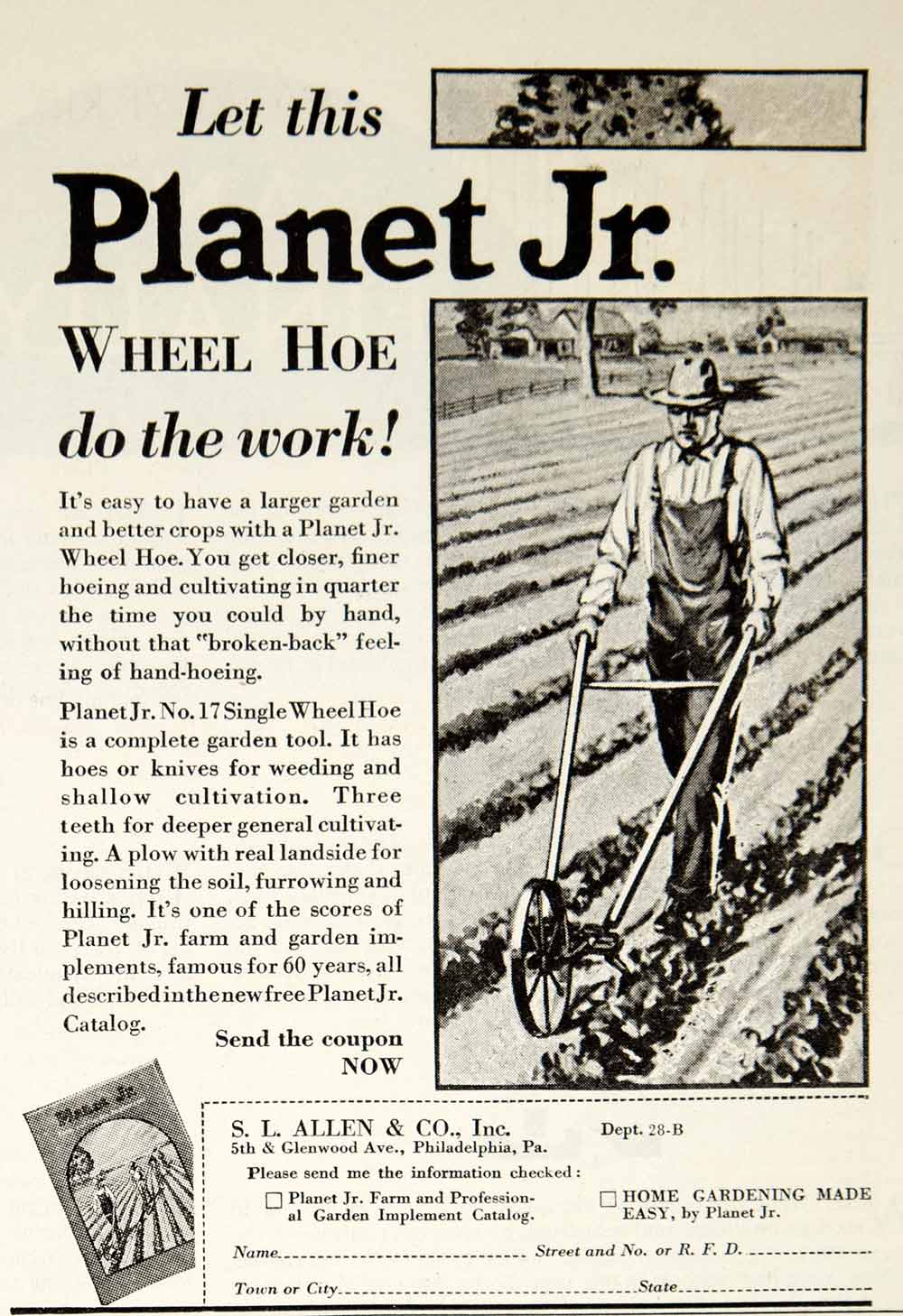 1931 Ad SL Aleen Planet Jr No 17 Single Wheel Hoe Farm Agriculture Machine YCT1