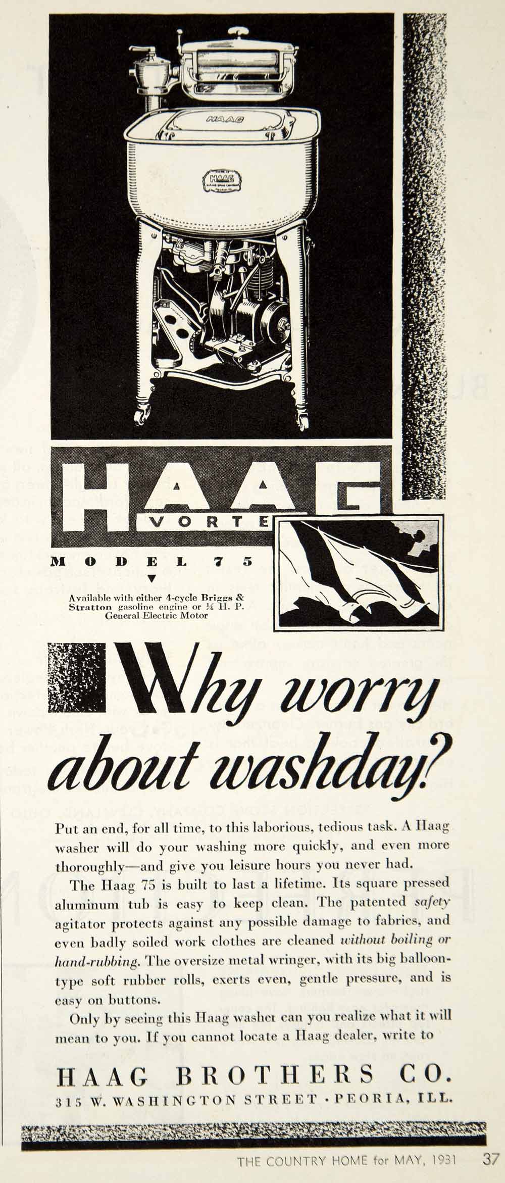 1931 Ad Haag Vortex Model 75 Washing Machine Appliance Laundry