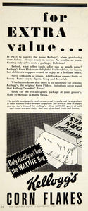 1931 Ad Kellogg's Corn Flakes Breakfast Cereal Food Waxtite Bag Grocery YCT1