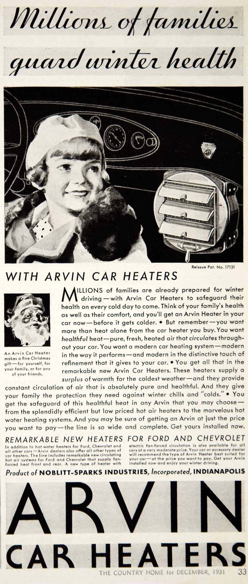 1931 Ad Noblitt-Sparks Arvin Car Heaters Auto Parts Santa Claus Christmas YCT1