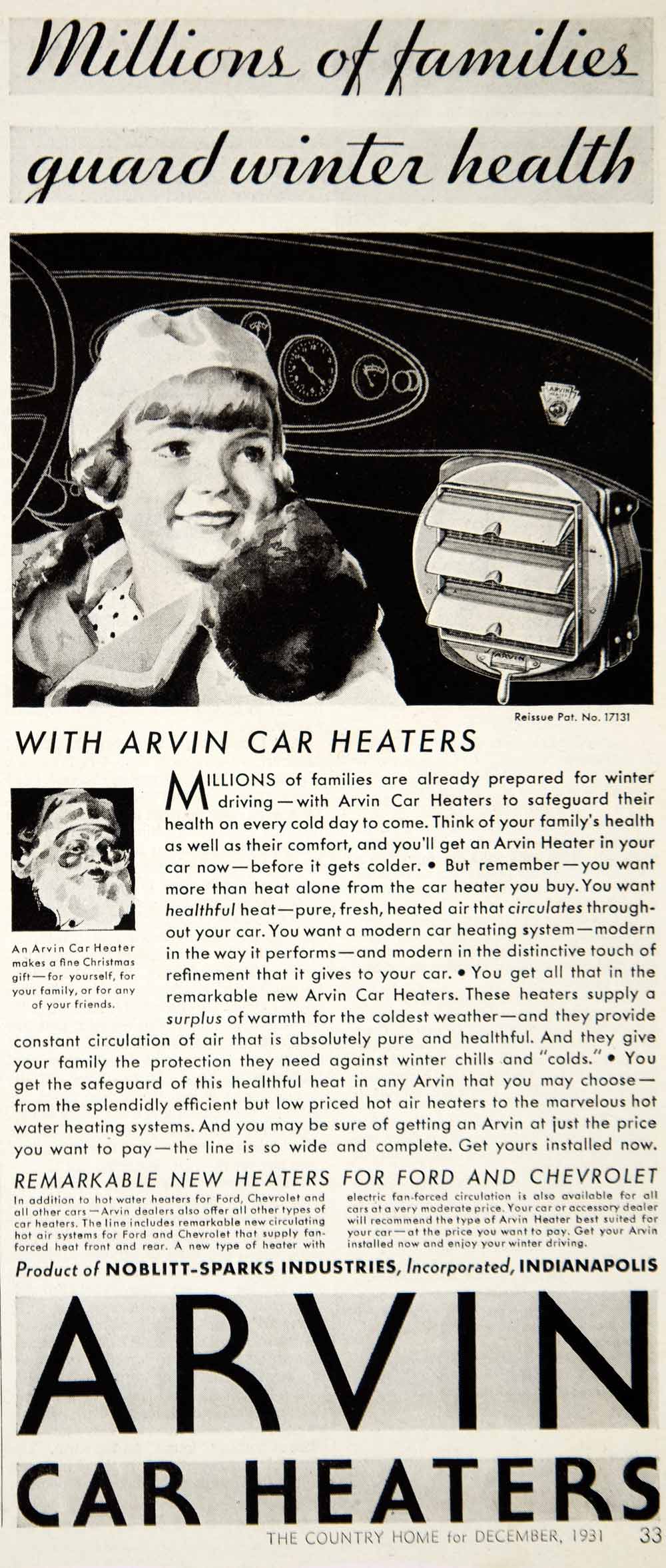 1931 Ad Noblitt-Sparks Arvin Car Heaters Auto Parts Santa Claus