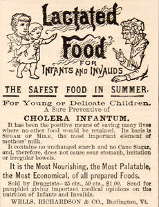 1886 Ad Lactated Food Infant Baby Old People Cholera Wells Richard Invalid YDL1