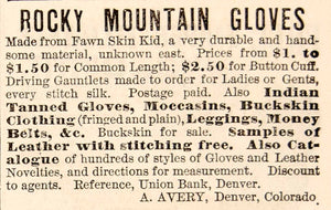 1886 Ad Fawn Skin Kid Rocky Mountain Gloves Moccasins A. Avery Buckskin YDL1