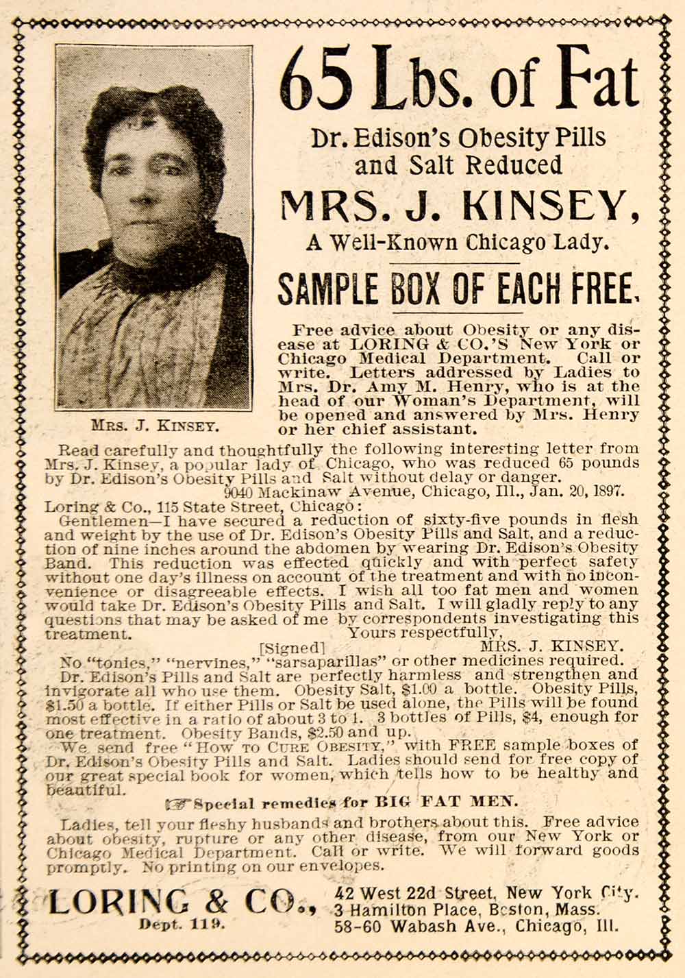 1898 Ad Dr. Edison Obesity Pill Weight Loss Salt Reduce J. Kinsey Loring YDL1