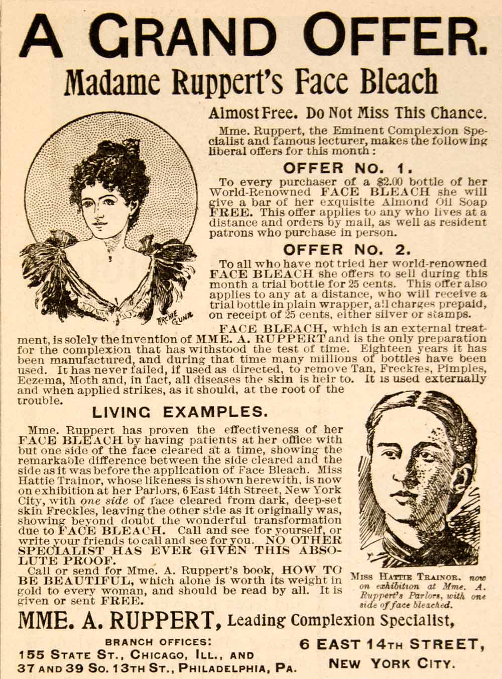 1898 Ad Madame Ruppert Face Bleach Cosmetic Beauty Women Complexion YDL1