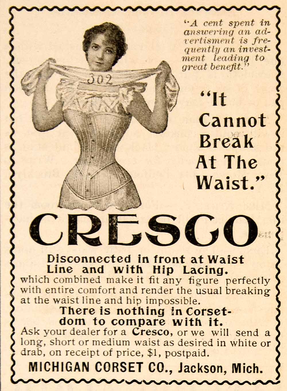 1898 Ad Cresco Corset Michigan Company Jackson Fashion Clothing Dress Waist YDL1