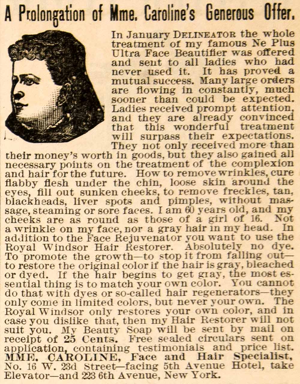 1898 Ad Ne Plus Ultra Face Beautifier Madame Caroline Face Hair Health YDL1