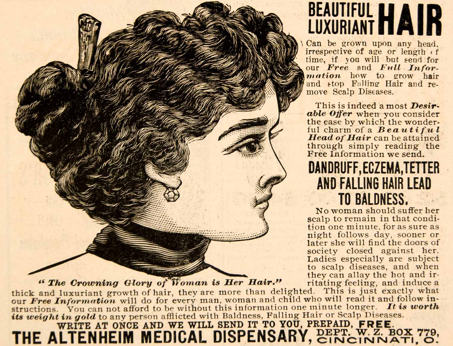 1898 Ad Altenheim Medical Dispensary Cincinnati Ohio Hair Fashion Women YDL1