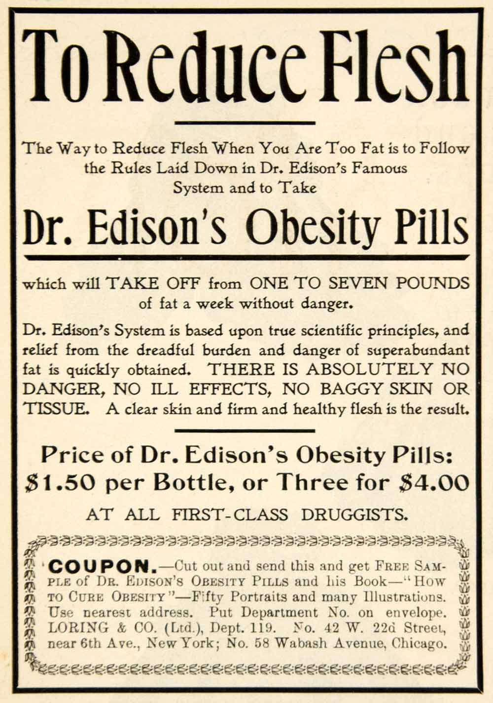 1898 Ad Doctor Edison Obesity Pills Reduce Flesh Weight Loss Health Beauty YDL1