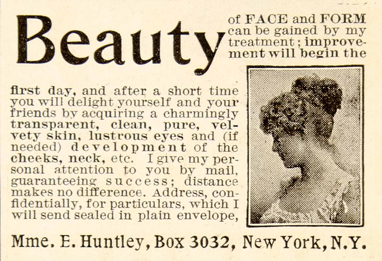 1898 Ad Face Form Women Health Beauty Complexion Madame E. Huntley New York YDL1