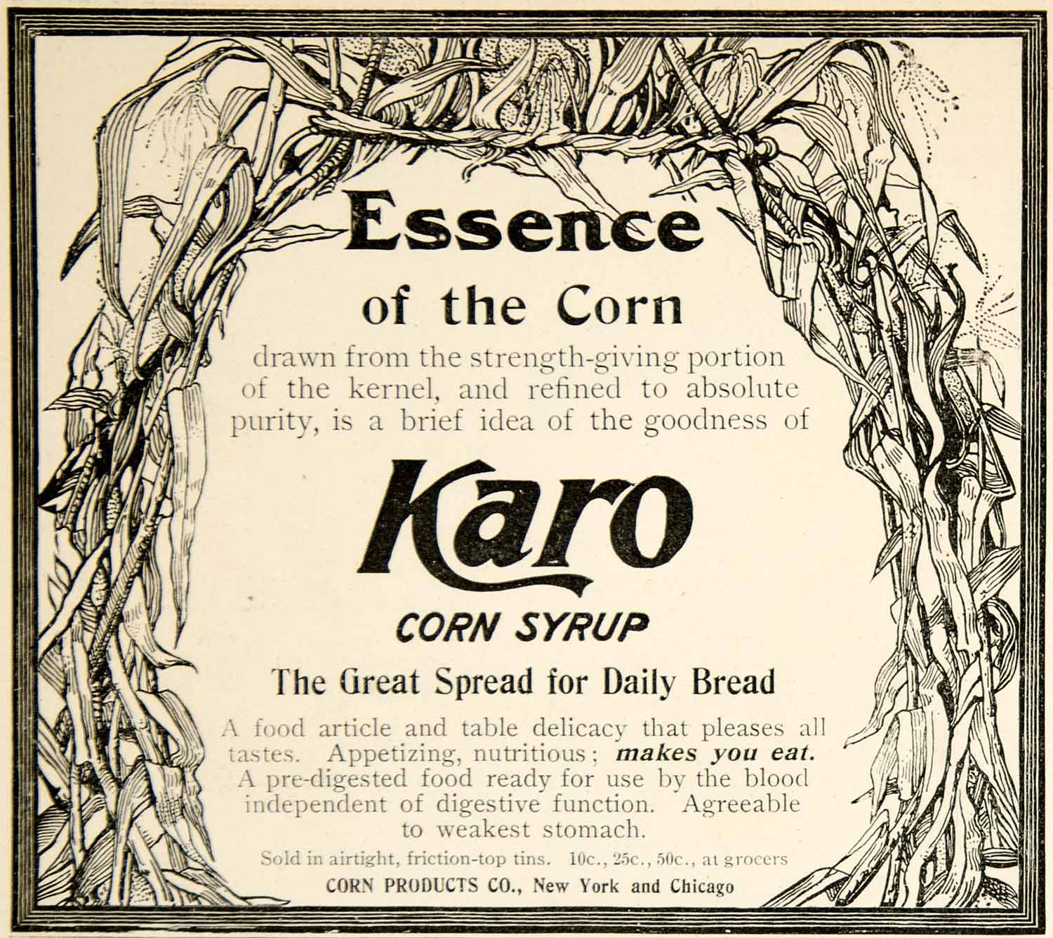 1904 Ad Karo Corn Syrup Essence Spread Stalk Food Eat New York Chicago YDL1