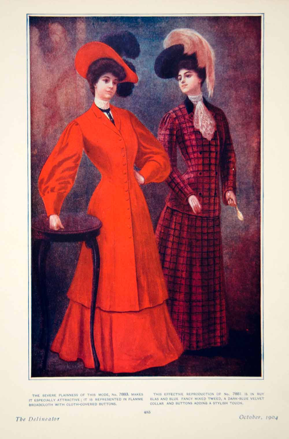 1904 Color Print Edwardian Women Fashion Clothing Costume Hat Plume Red YDL1