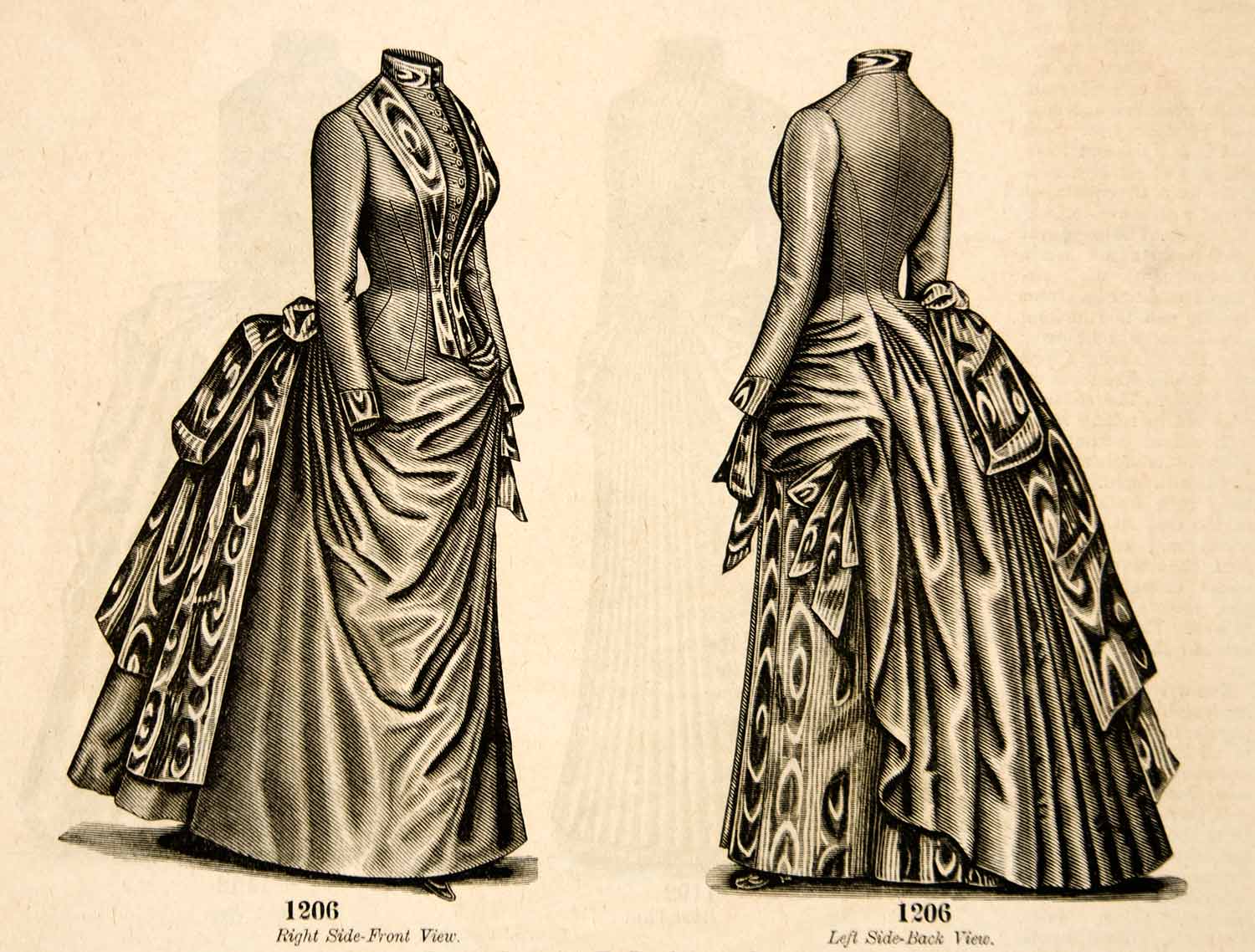 1886 Wood Engraving Victorian Woman Gown Clothing Costume Fashion Bustle YDL1