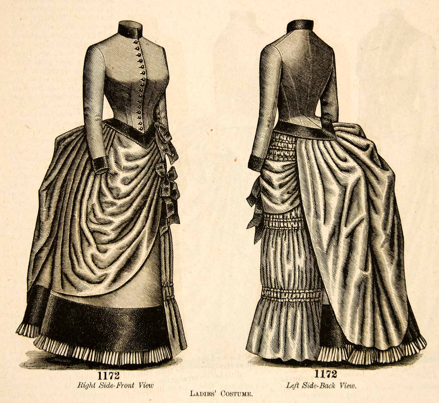 1886 Wood Engraving Victorian Gown Dress Costume Fashion Clothing Bustle YDL1