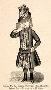 1886 Wood Engraving Fashion Costume Clothing Dress Victorian Girl Child Hat YDL1