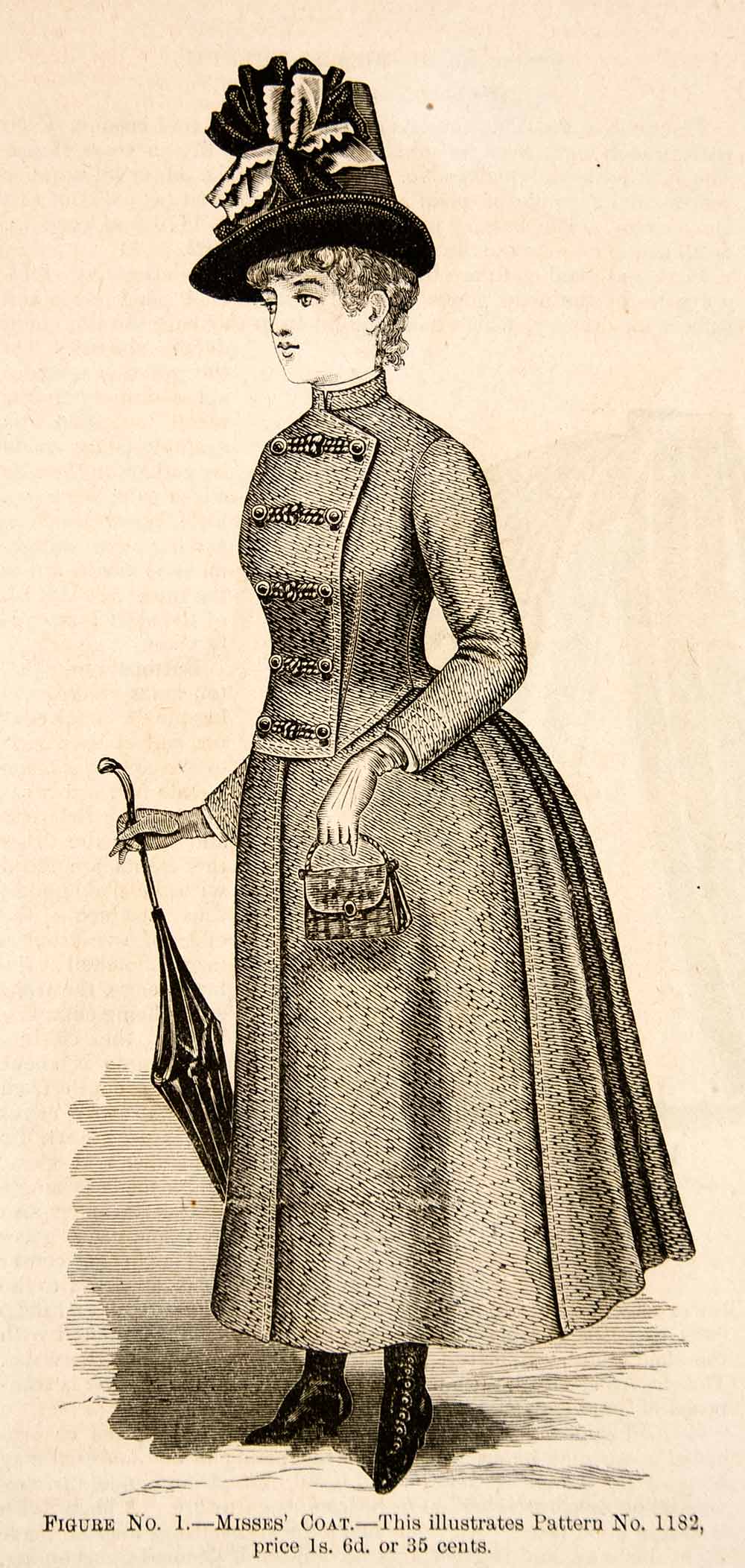 1886 Wood Engraving Fashion Costume Clothing Coat Victorian Hat Umbrella YDL1