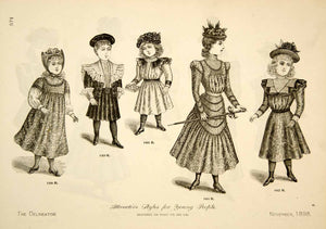 1898 Wood Engraving Victorian Children Fashion Costume Clothing Hat Cane YDL1