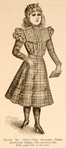1898 Print Victorian Girl Afternoon Dress Costume Fashion Clothing Plaid YDL1