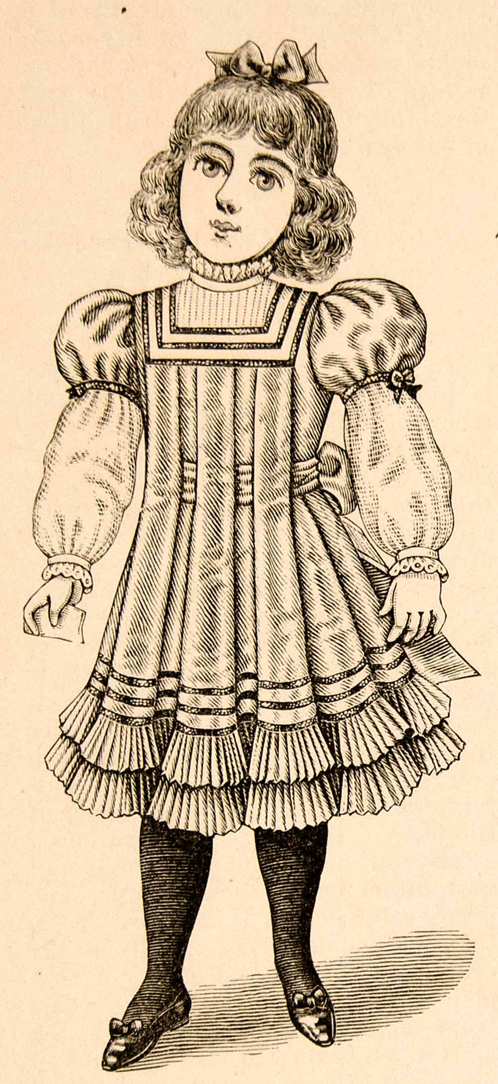 1898 Wood Engraving Fashion Costume Clothing Young Victorian Girl Dress YDL1