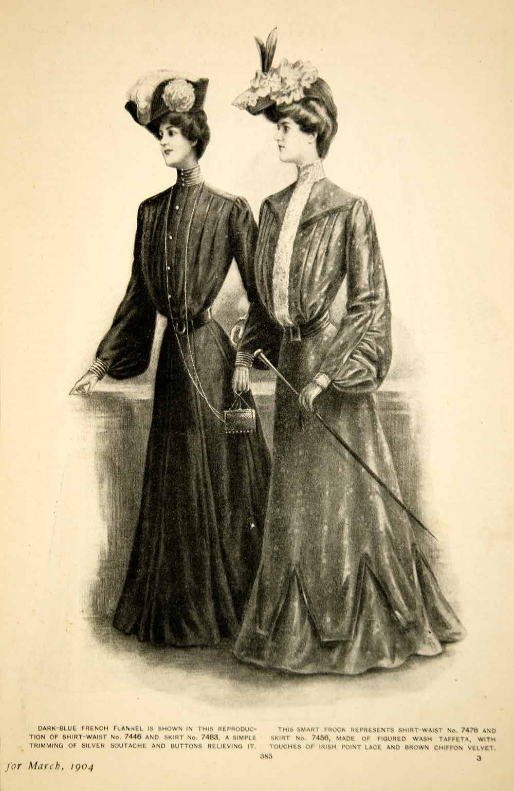 1904 Print Edwardian Women Costume Fashion Clothing Dress Hat Cane Wai – Period Paper Historic Art LLC