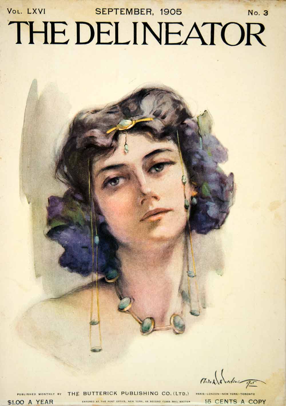 1905 Cover Delineator Portrait Woman Jewelry Floral Art Nouveau Gold Tiara YDL2