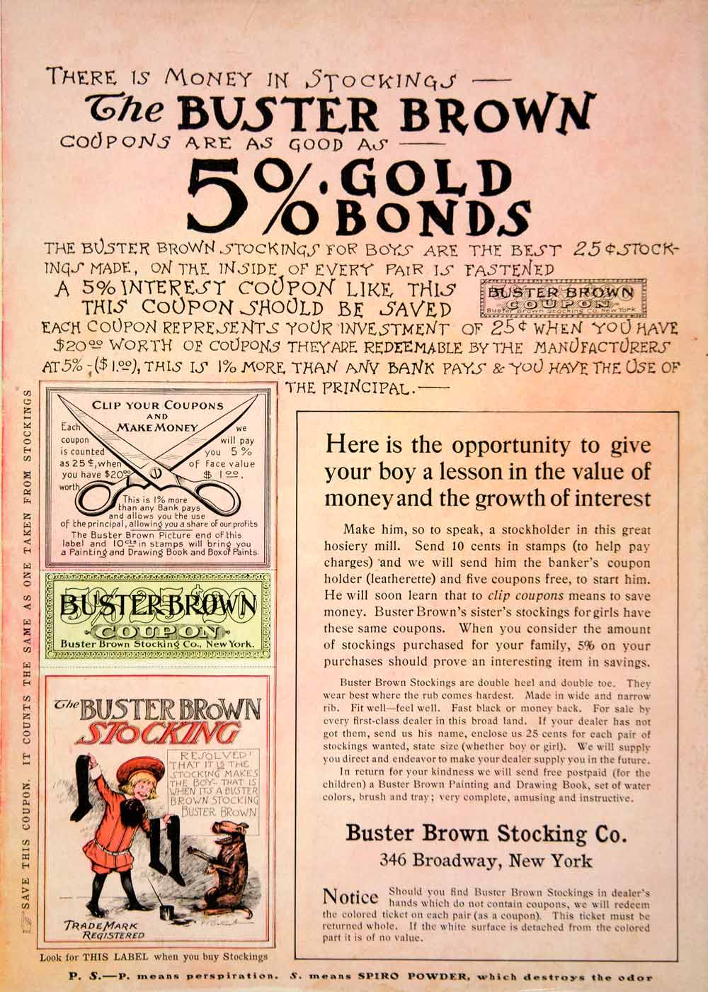 1905 Ad Buster Brown Stocking 346 Broadway New York Boys Clothing Coupon YDL2