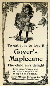 1905 Ad Goyer Alliance Refining 185 Tennessee St Memphis TN Maplecane Syrup YDL2