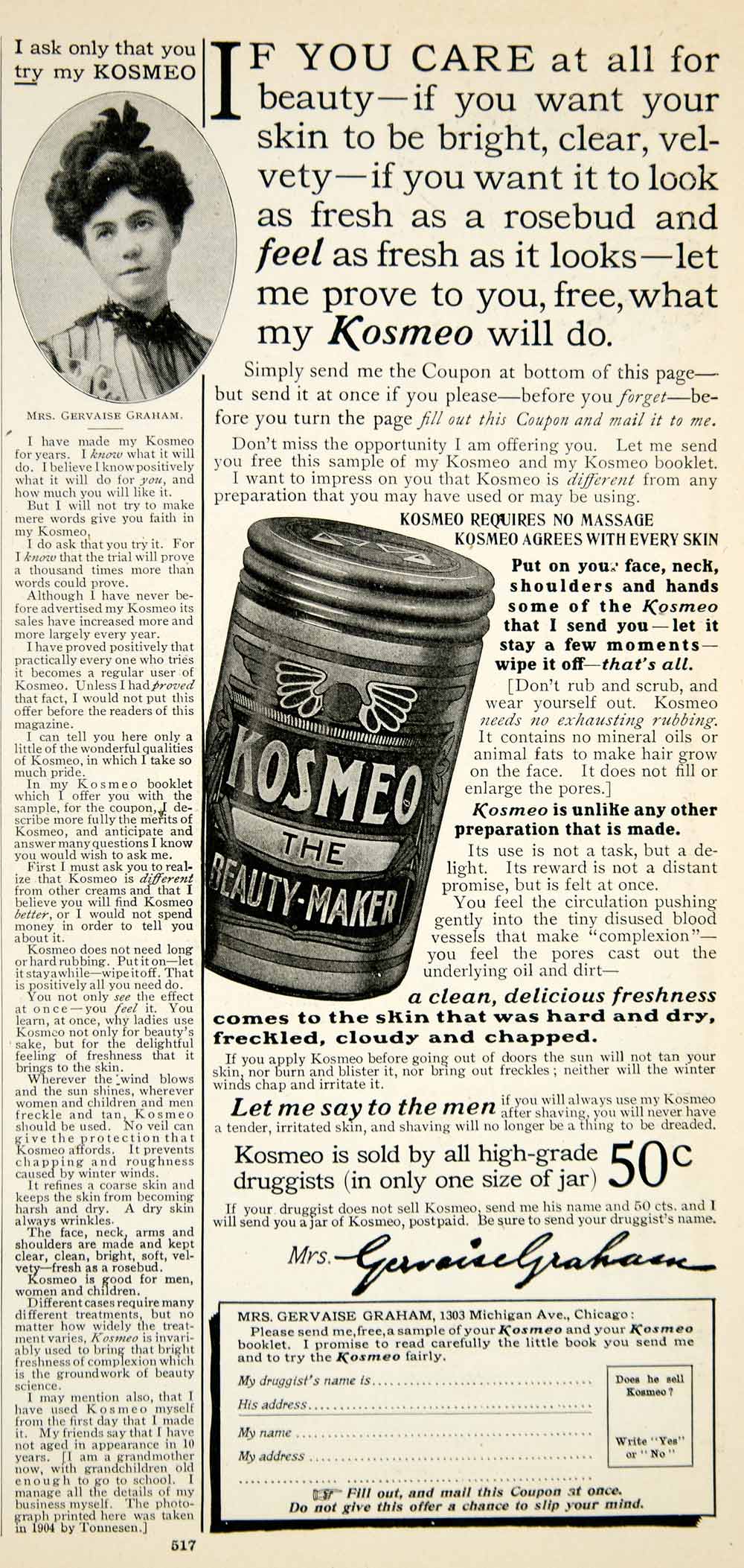 1905 Ad Kosmeo Beauty Cream Gervaise Graham 1303 Michigan Ave Chicago YDL2