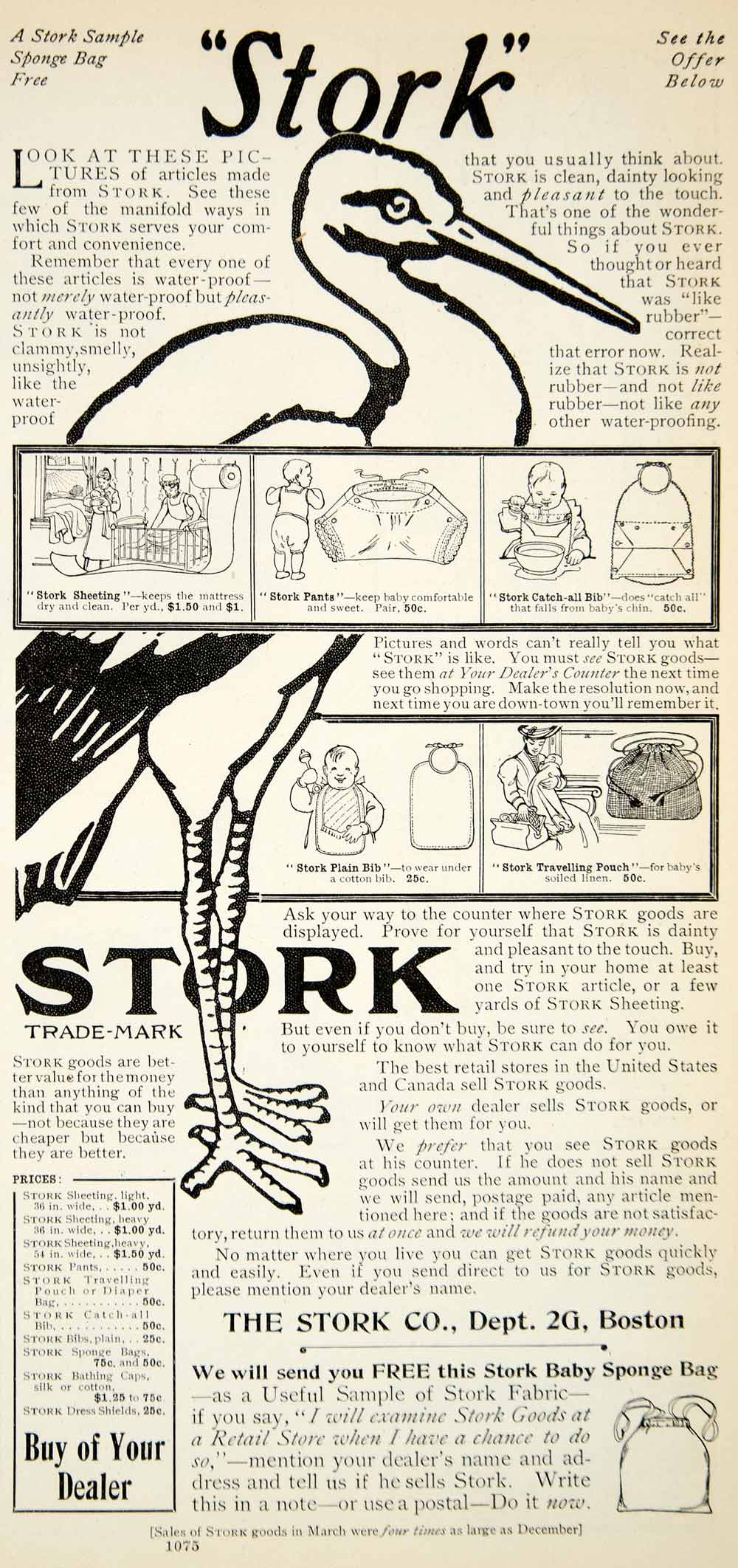 1905 Ad Stork Boston Massachusetts Waterproof Fabric Apparel Baby Bib ...