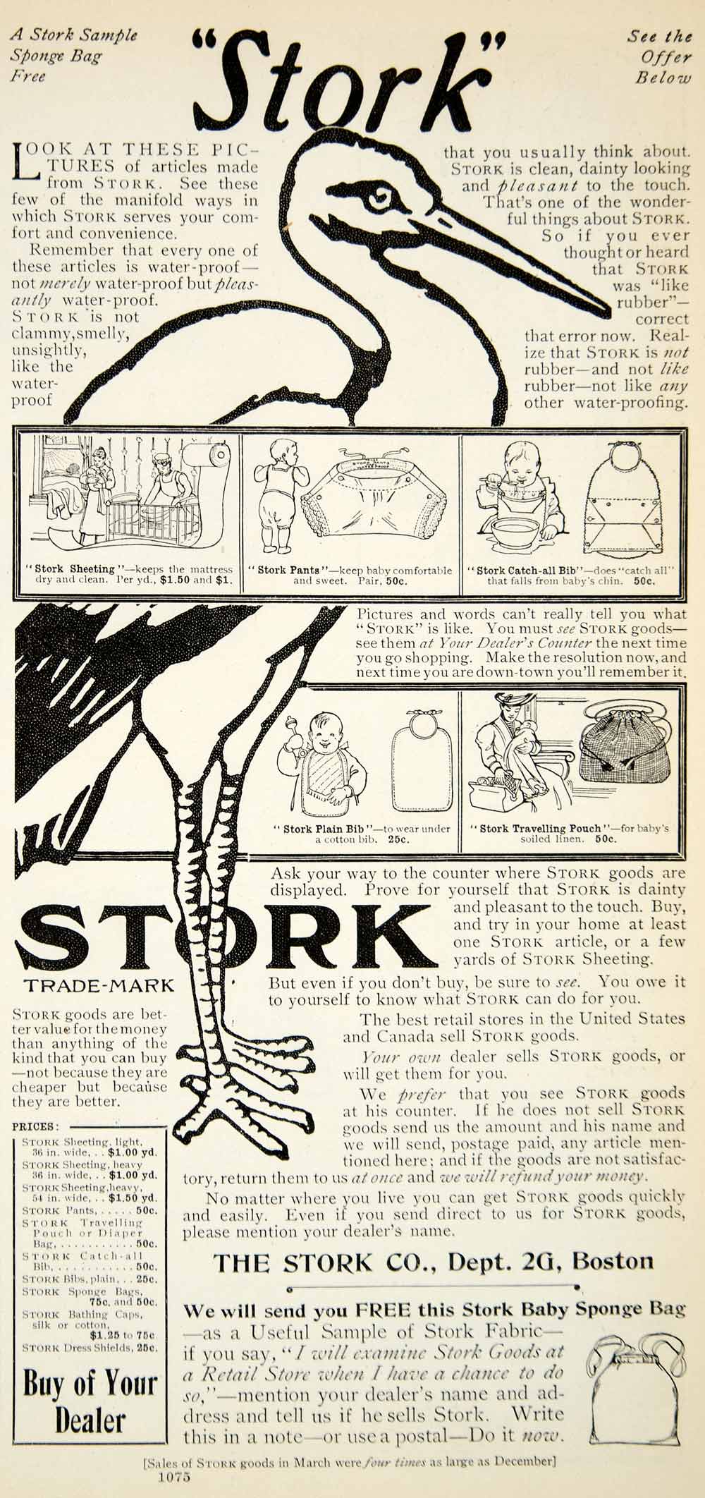 1905 Ad Stork Boston Massachusetts Waterproof Fabric Apparel Baby Bib YDL2