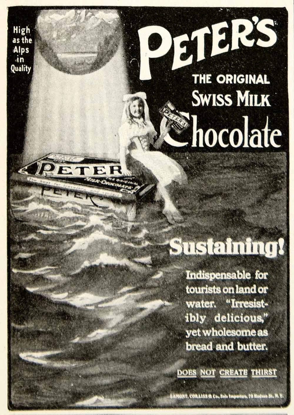 1905 Ad Peters Swiss Milk Chocolate Lamont Corliss 78 Hudson St New York YDL2