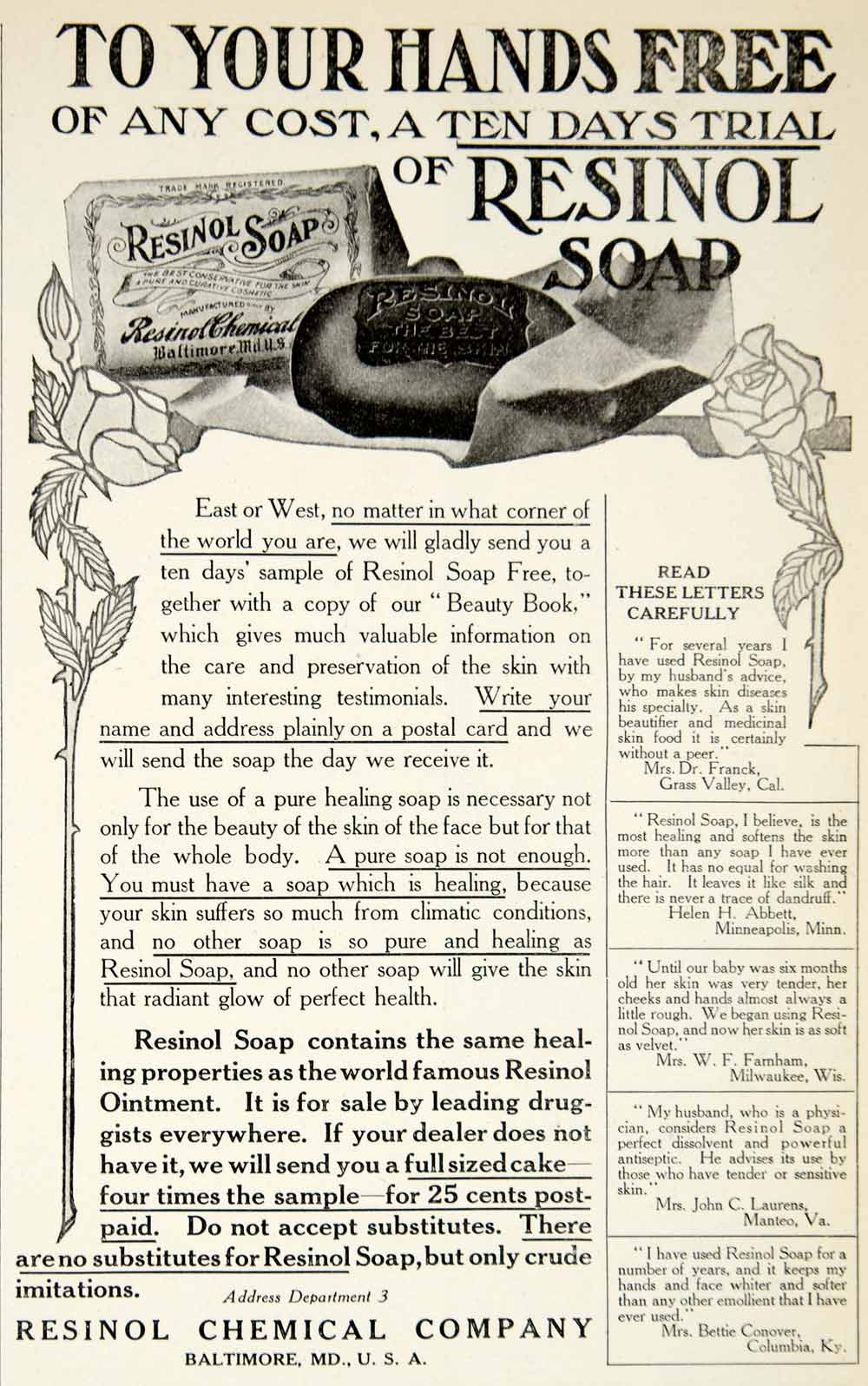1905 Ad Resinol Soap Chemical Baltimore Maryland Health Beauty Cleanser YDL2