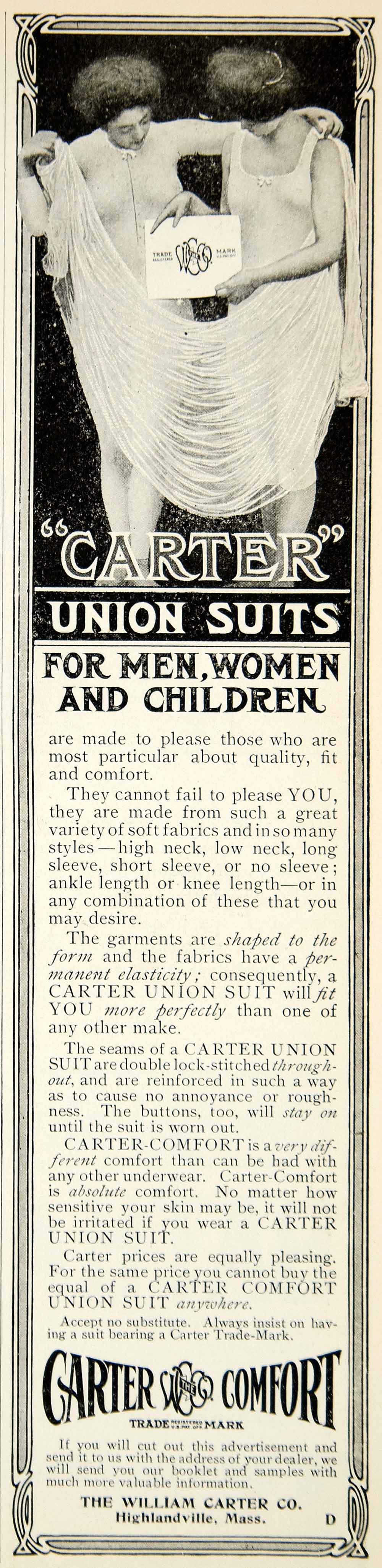 1905 Ad William Carter Highlandville MA Union Suit Undergarment Fashion YDL2