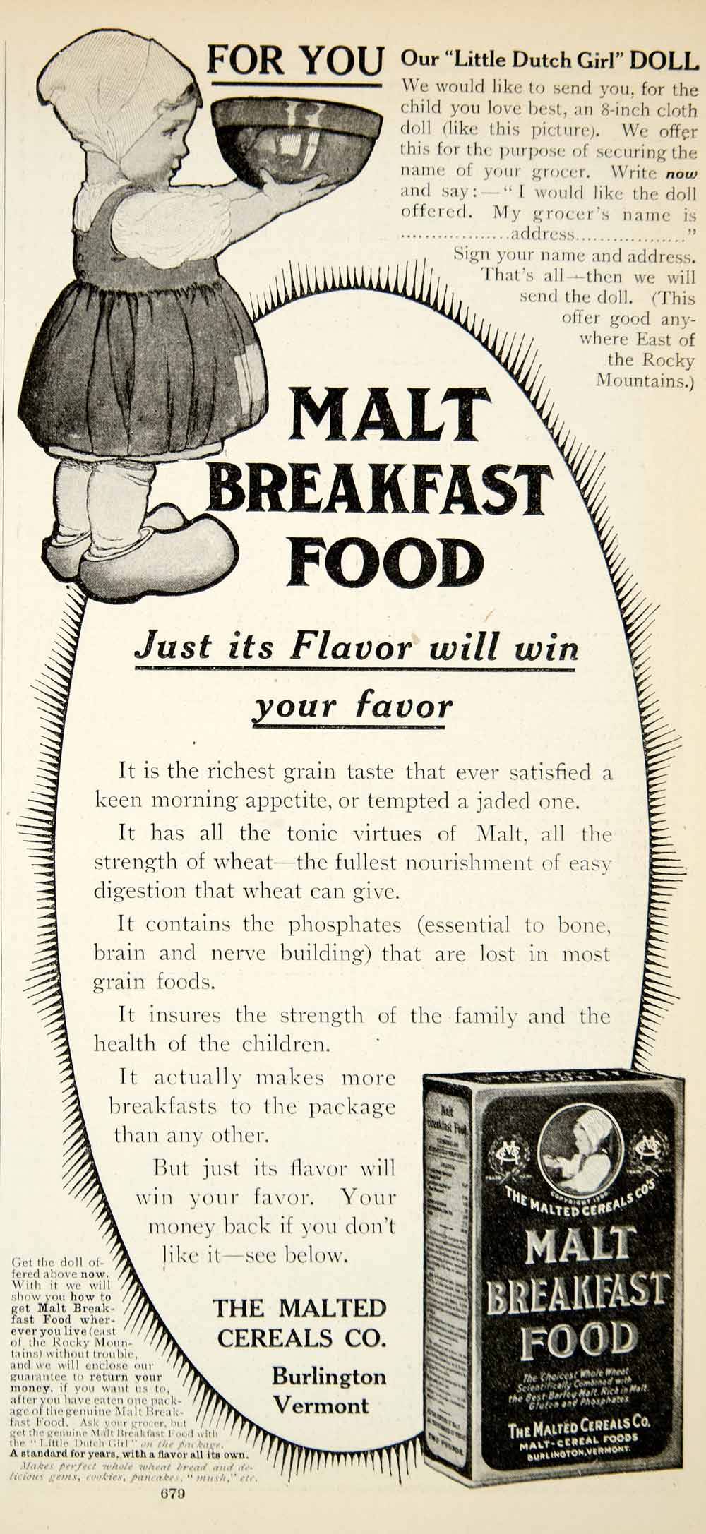 1905 Ad Malt Breakfast Food Cereal Burlington Vermont Dutch Girl Grocery YDL2