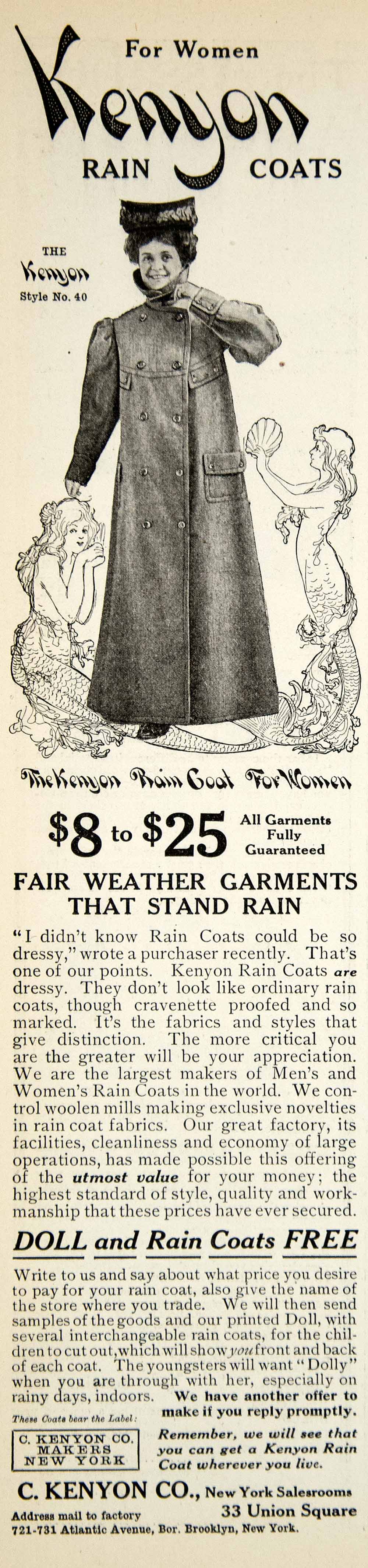 1905 Ad C Kenyon Rain Coats 721-731 Atlantic Ave Brooklyn New York Fashion YDL2