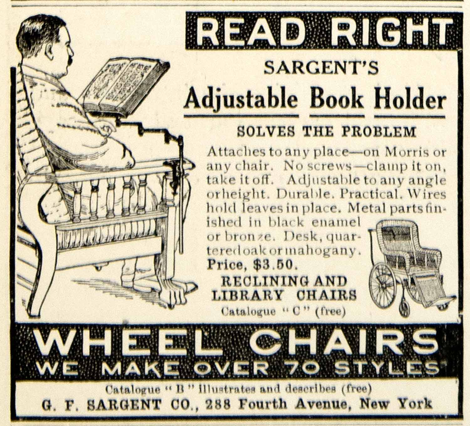 1905 Ad GF Sargent 288 Fourth Ave New York Wheel Chair Adjustable Book YDL2