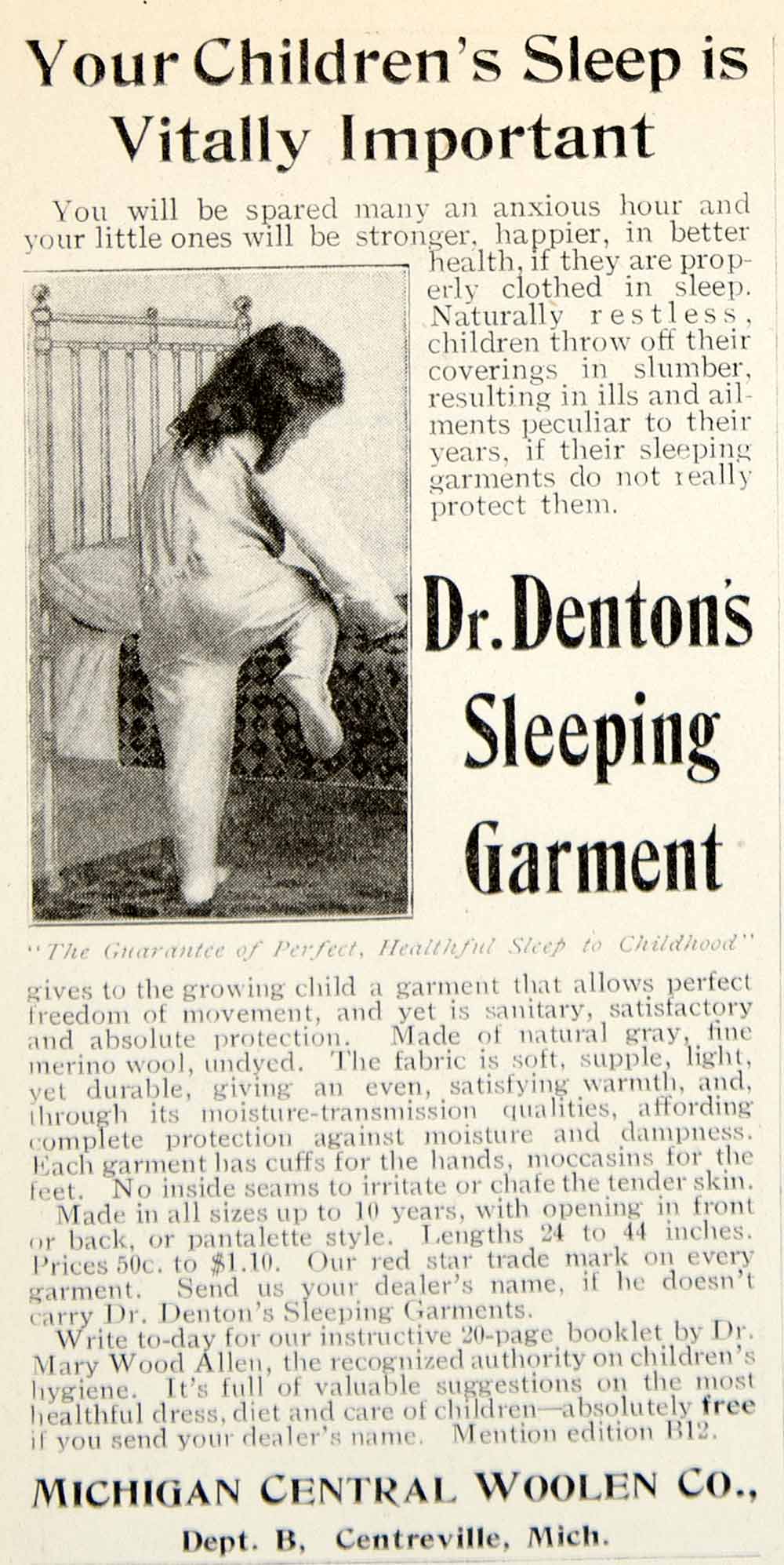 1905 Ad Child Sleep Garment Michigan Central Woolen Centreville MI Pajama YDL2