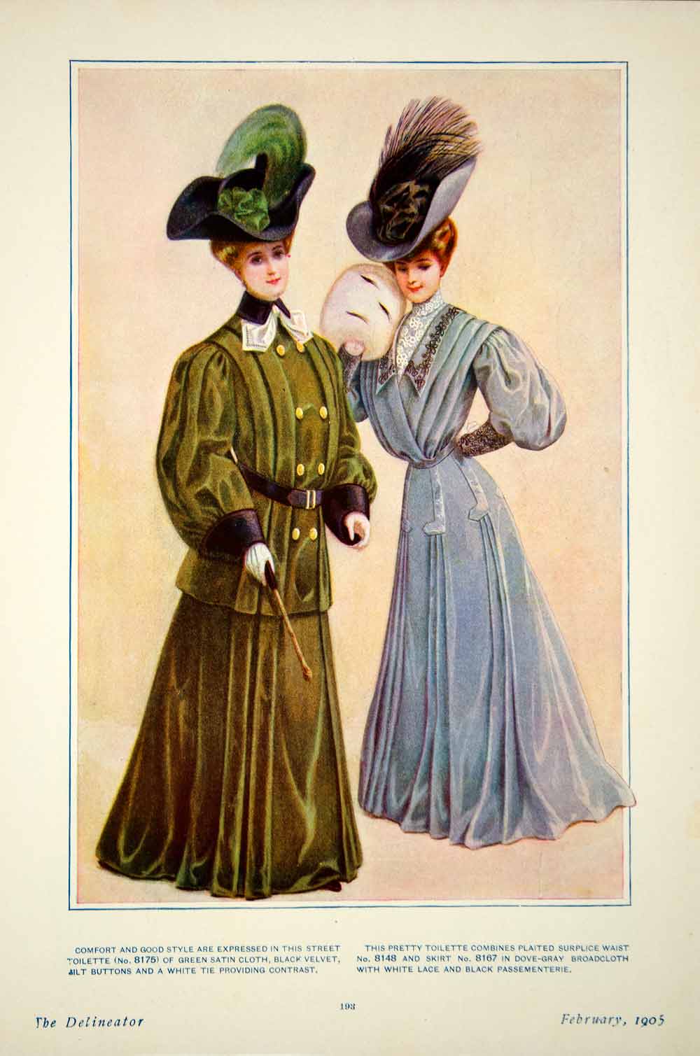 1905 Color Print Edwardian Clothing Female Green Satin Cloth Black Vel –  Period Paper Historic Art LLC
