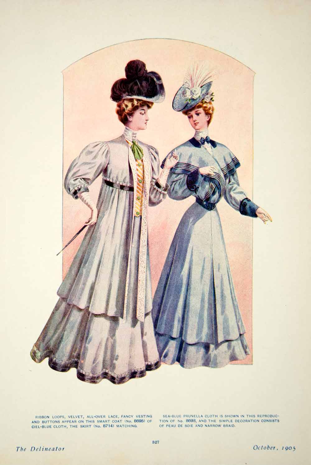 1905 Color Print Delineator Edwardian Women Fashion Dress Coat Peau De Soie YDL2