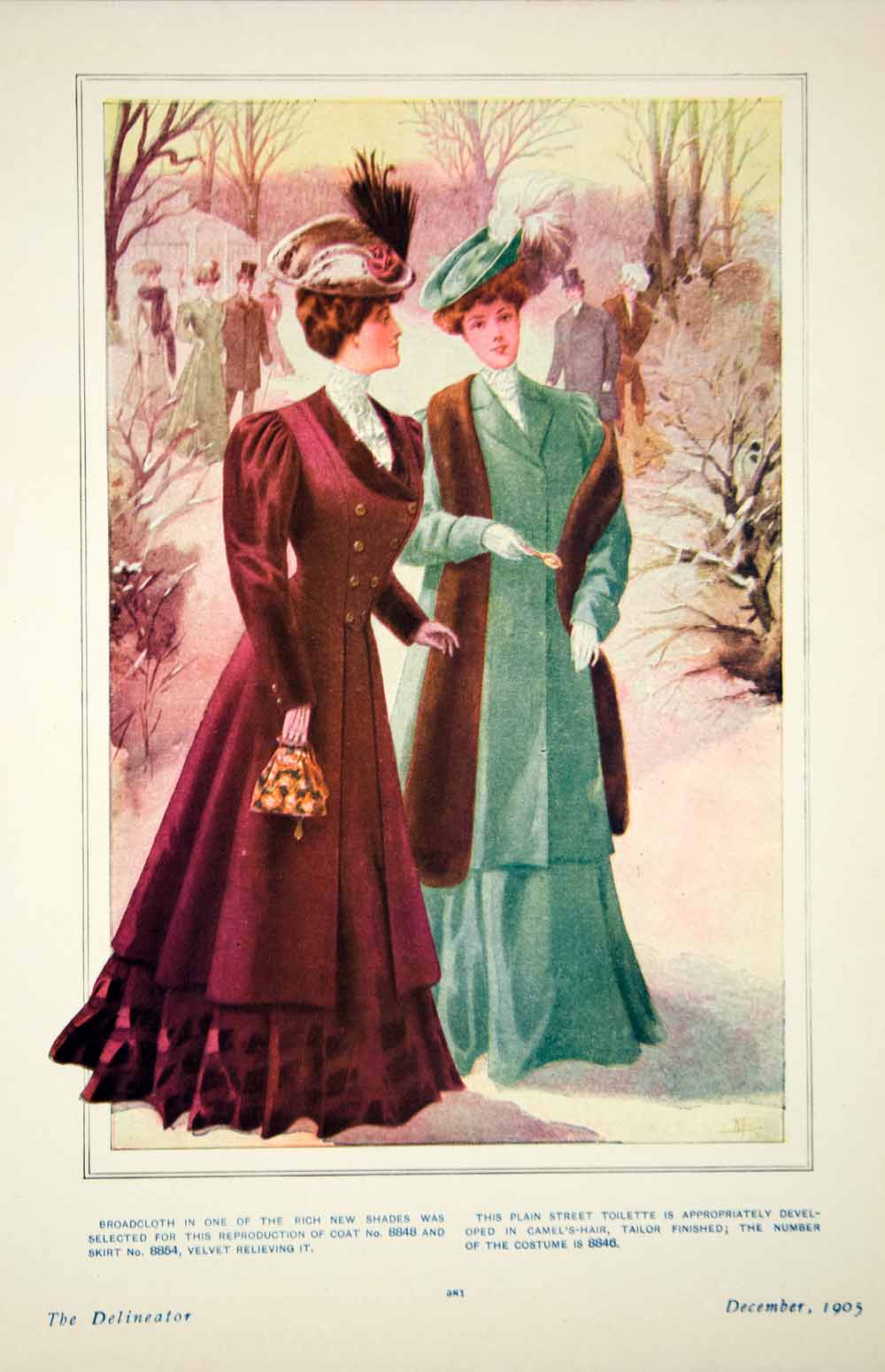 1905 Color Print Art Edwardian Women Delineator Winter Costume Broadcloth YDL2
