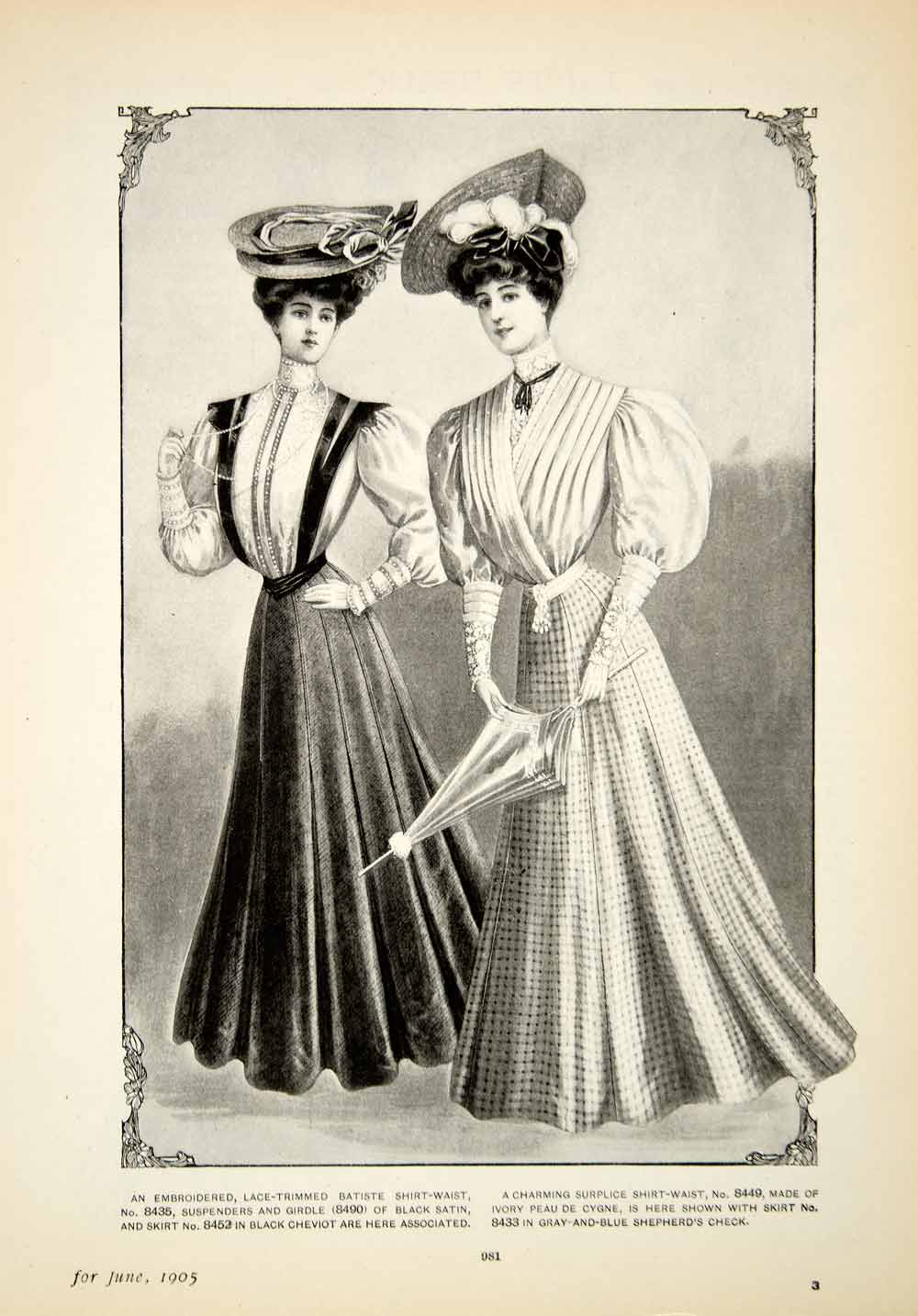 1905 Print Edwardian Delineator Art Style Clothing Women Cheviot Skirt YDL2