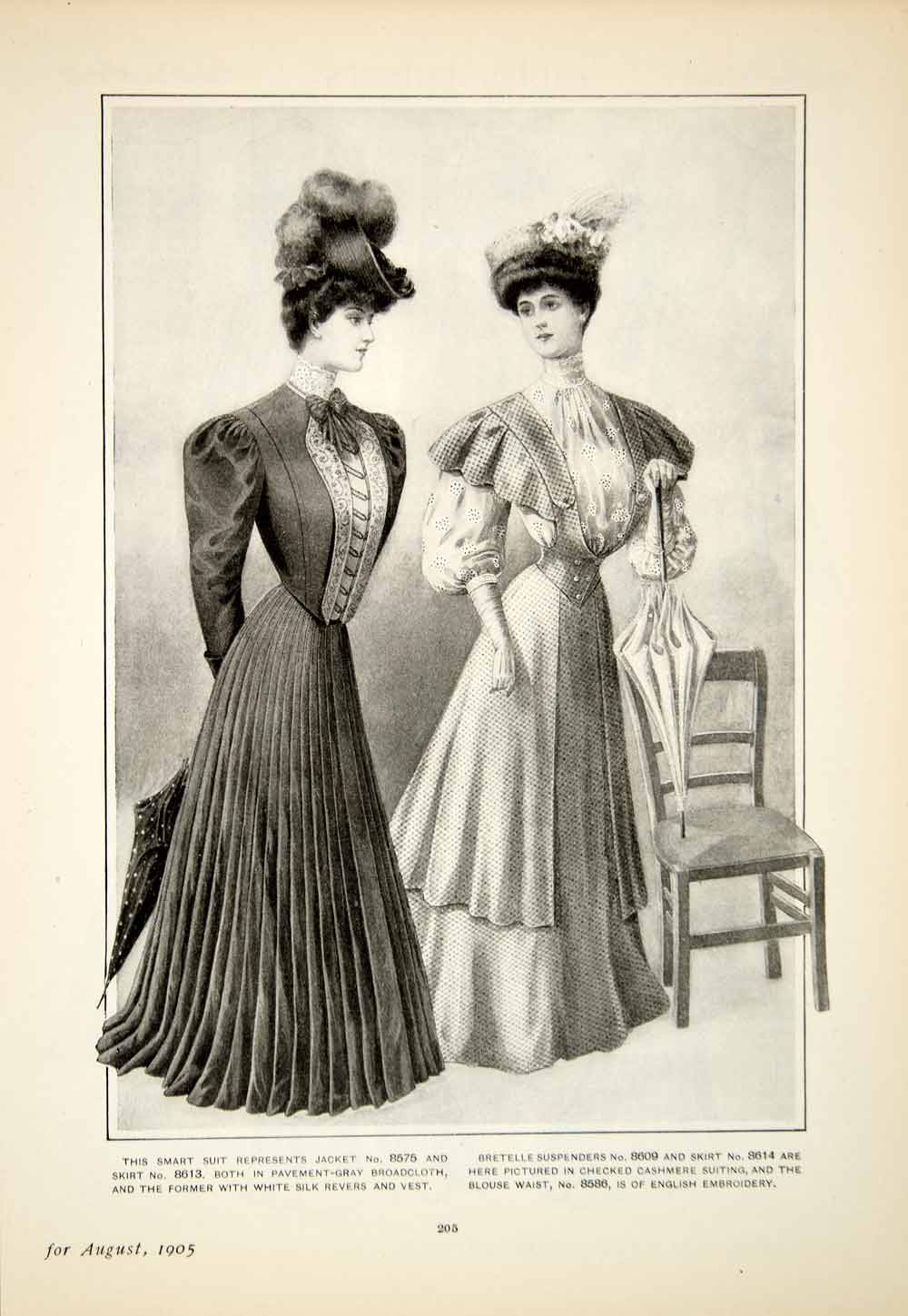 1905 Print Edwardian Fashion Women Delineator Art Style Suit Jacket Skirt YDL2