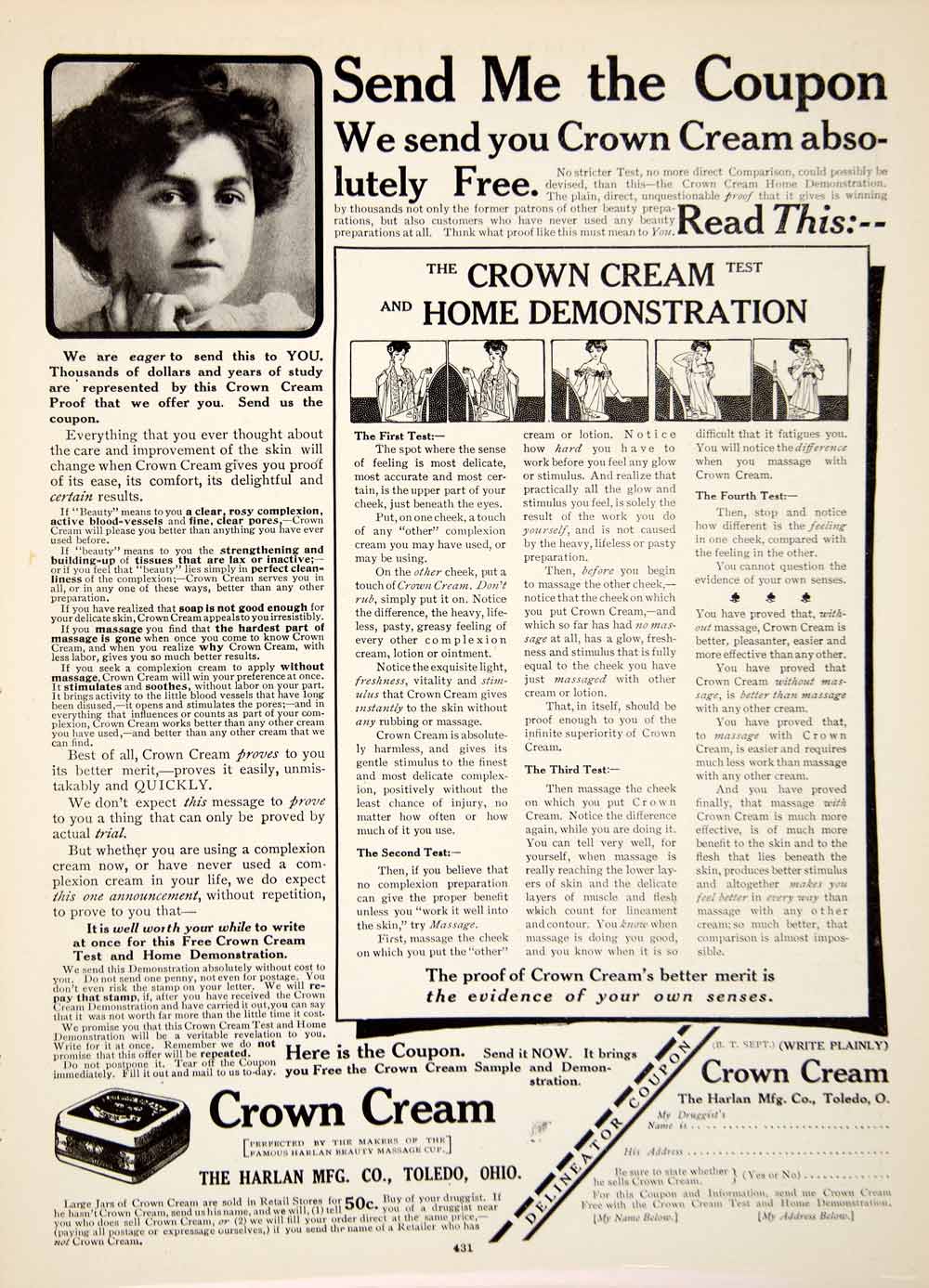 1906 Ad Crown Cream Harlan Toledo Ohio Cosmetic Health Beauty Skin YDL3