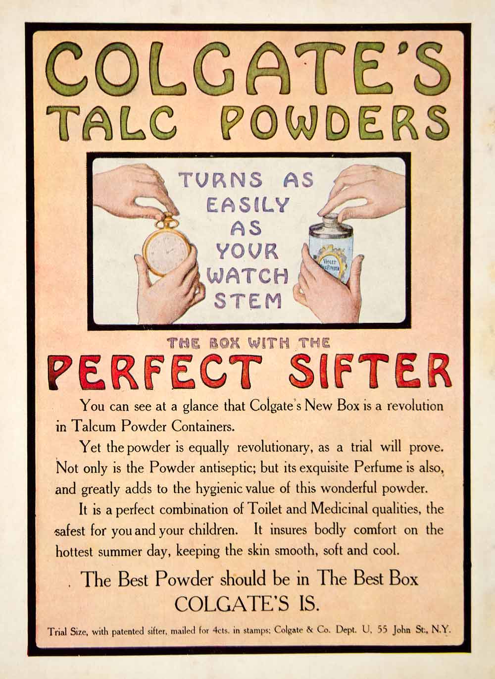 1906 Ad Colgate Talcum Powder Bath Hygiene Beauty 55 John St New York YDL3